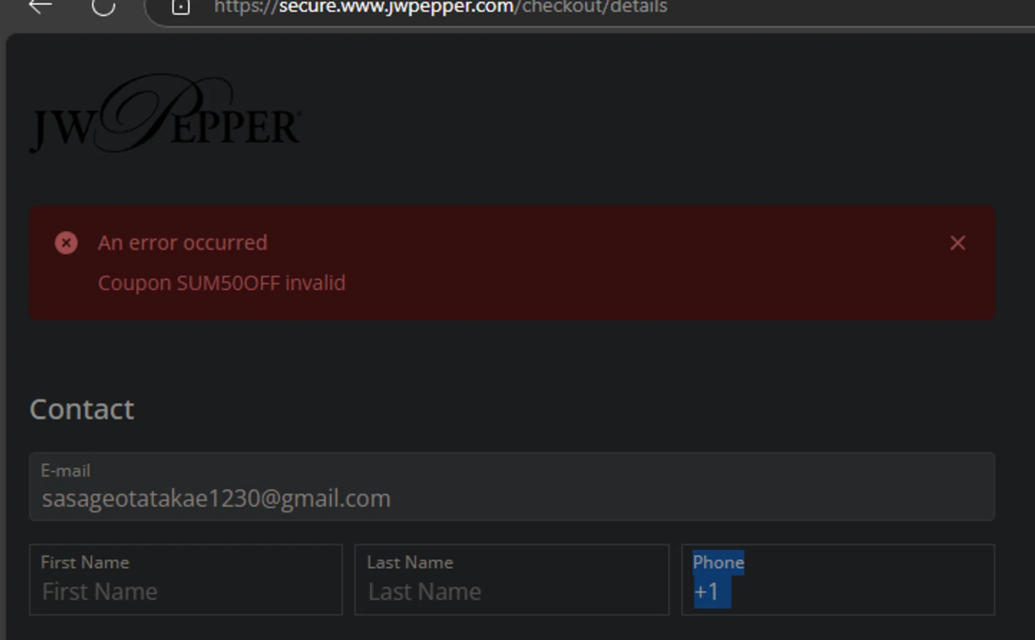 J.W. Pepper Sheet Music promo code screenshot showing code SUM50OFF applied at J.W. Pepper Sheet Music checkout page. Uploaded by SimplyCodes community member FIREINTHEHOLE on Mar 10, 2025