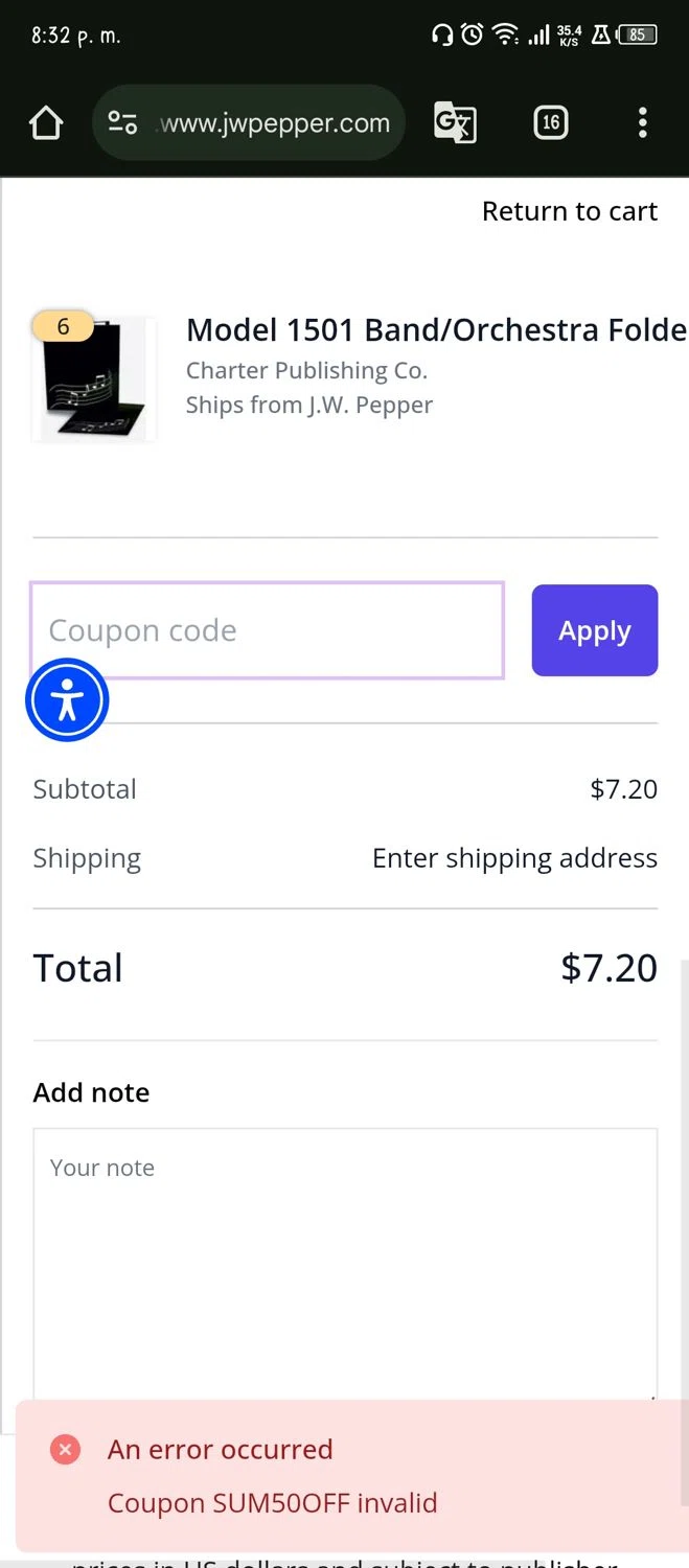 J.W. Pepper Sheet Music promo code screenshot showing code SUM50OFF applied at J.W. Pepper Sheet Music checkout page. Uploaded by SimplyCodes community member Guacamole_Picante on Mar 14, 2025