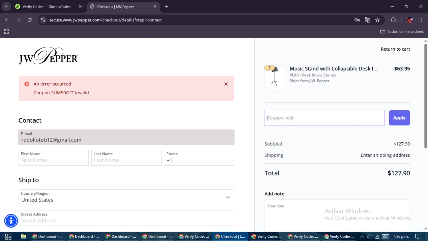 J.W. Pepper Sheet Music promo code screenshot showing code SUM50OFF applied at J.W. Pepper Sheet Music checkout page. Uploaded by SimplyCodes community member SavingsEagle5772 on Mar 20, 2025