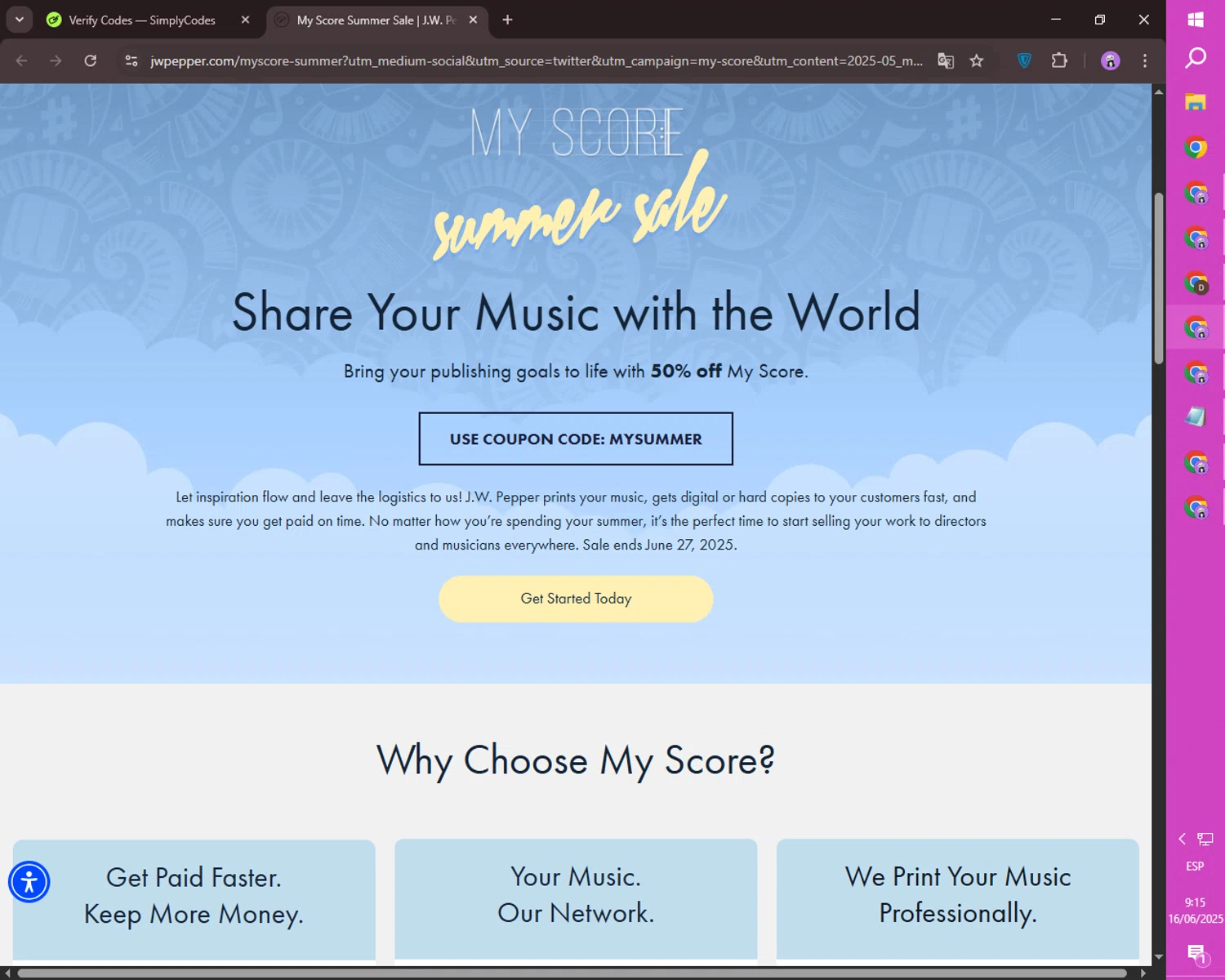 J.W. Pepper Sheet Music promo code screenshot showing code MYSUMMER applied at J.W. Pepper Sheet Music checkout page. Uploaded by SimplyCodes community member ositouno on Jun 16, 2025