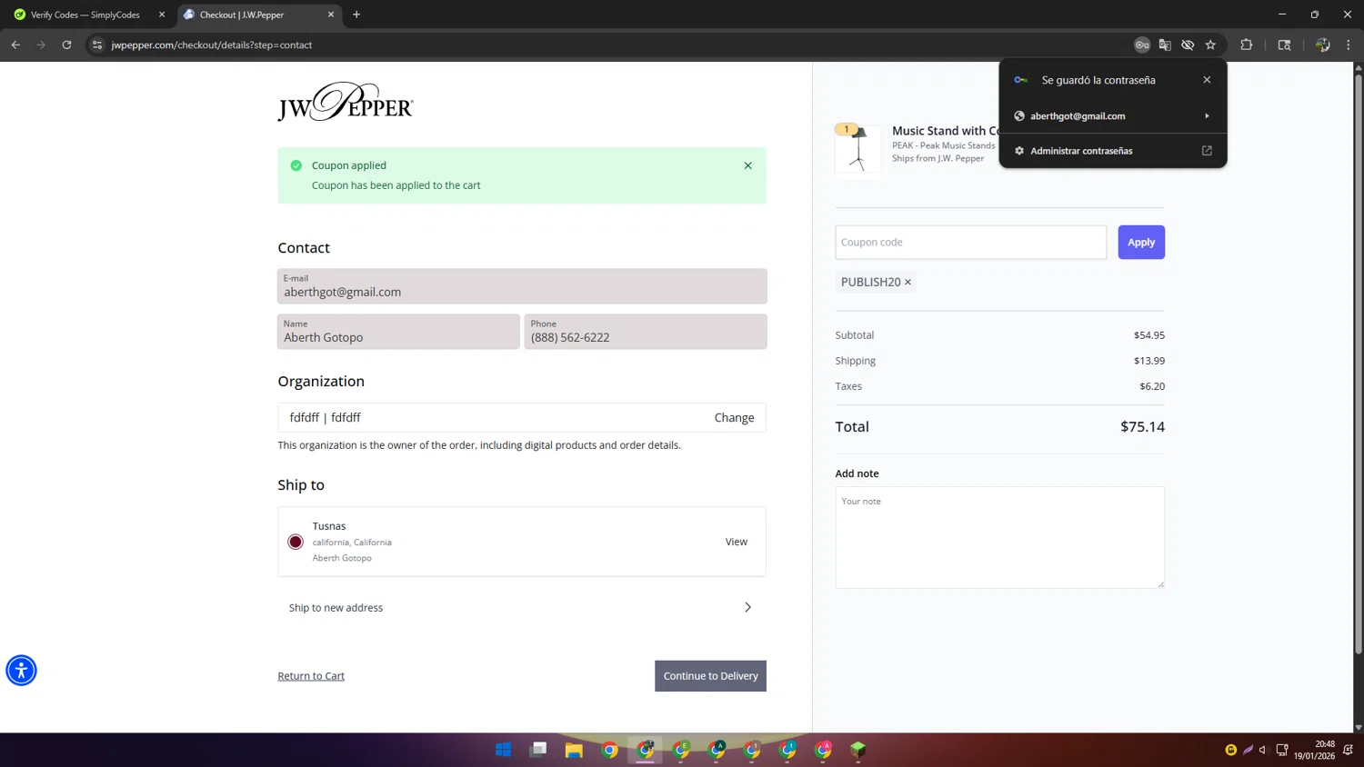 J.W. Pepper Sheet Music checkout page showing J.W. Pepper Sheet Music promo code box | Screenshot taken by SimplyCodes community member on Jan 20, 2026