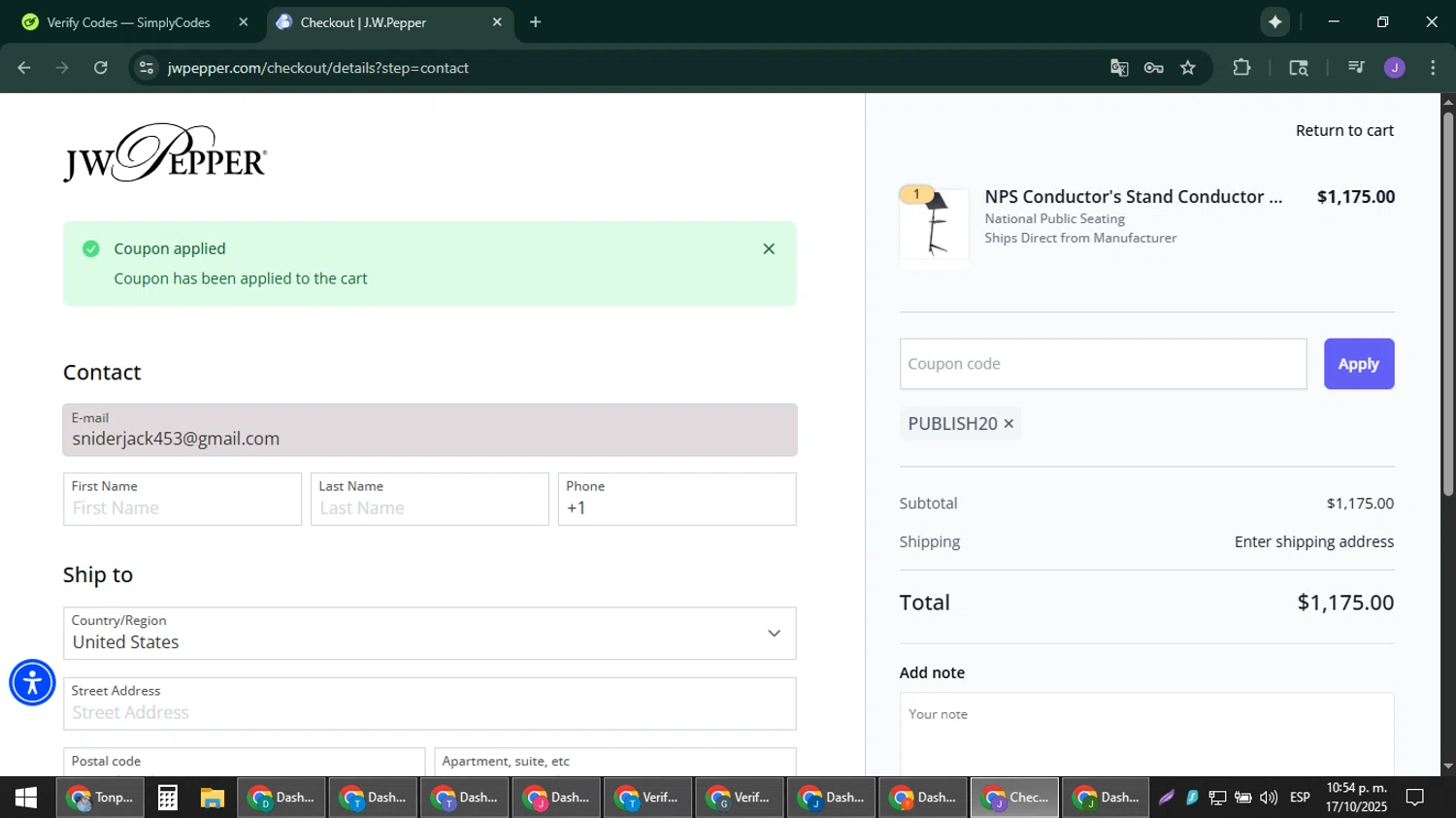 J.W. Pepper Sheet Music promo code screenshot showing code PUBLISH20 applied at J.W. Pepper Sheet Music checkout page. Uploaded by SimplyCodes community member sniderjack453 on Oct 18, 2025