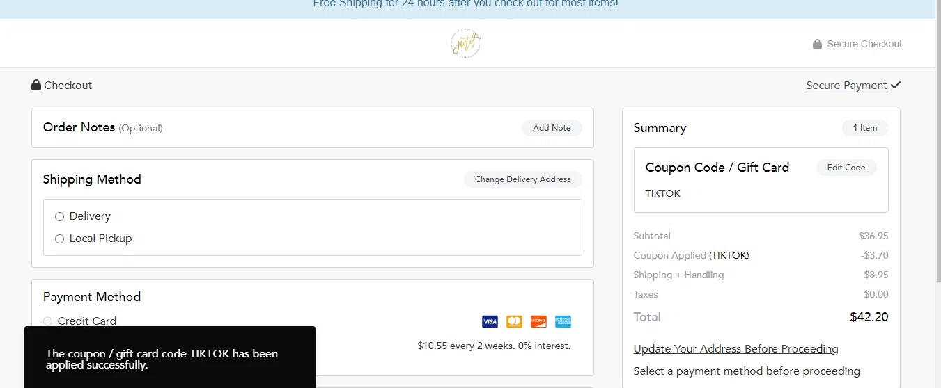 Just Wear the Dress Boutique checkout page showing Just Wear the Dress Boutique promo code box | Screenshot taken by SimplyCodes community member on Jul 15, 2022