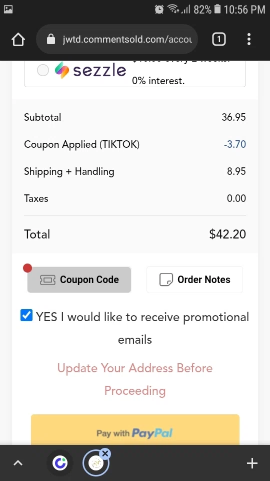 Just Wear the Dress Boutique checkout page showing Just Wear the Dress Boutique promo code box | Screenshot taken by SimplyCodes community member on Apr 13, 2022