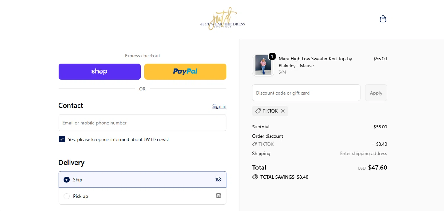 Just Wear the Dress Boutique promo code screenshot showing code TIKTOK applied at Just Wear the Dress Boutique checkout page. Uploaded by SimplyCodes community member fitdealz19892023 on Oct 31, 2025