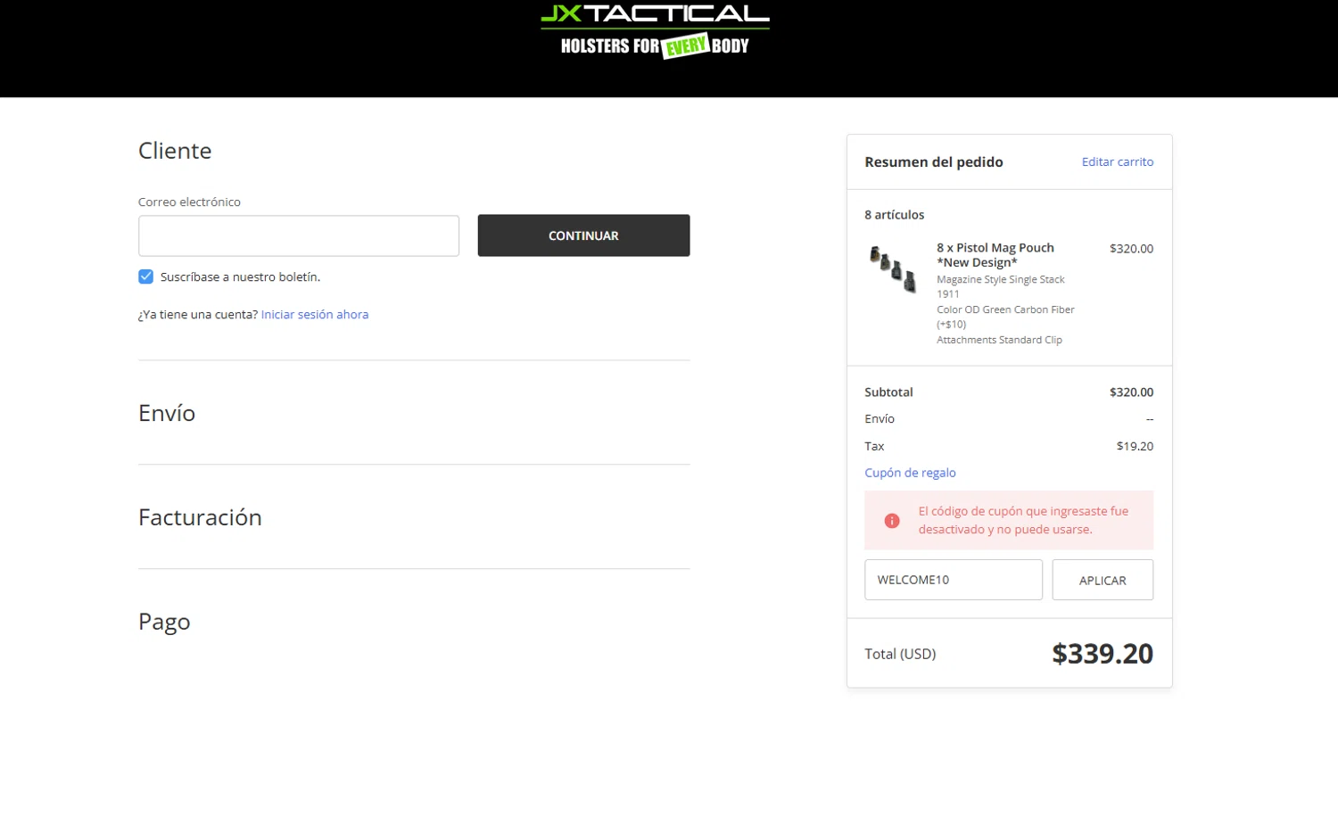 JX Tactical coupon code screenshot showing code WELCOME10 applied at JX Tactical checkout page. Uploaded by SimplyCodes community member D_9278 on Jan 1, 2025