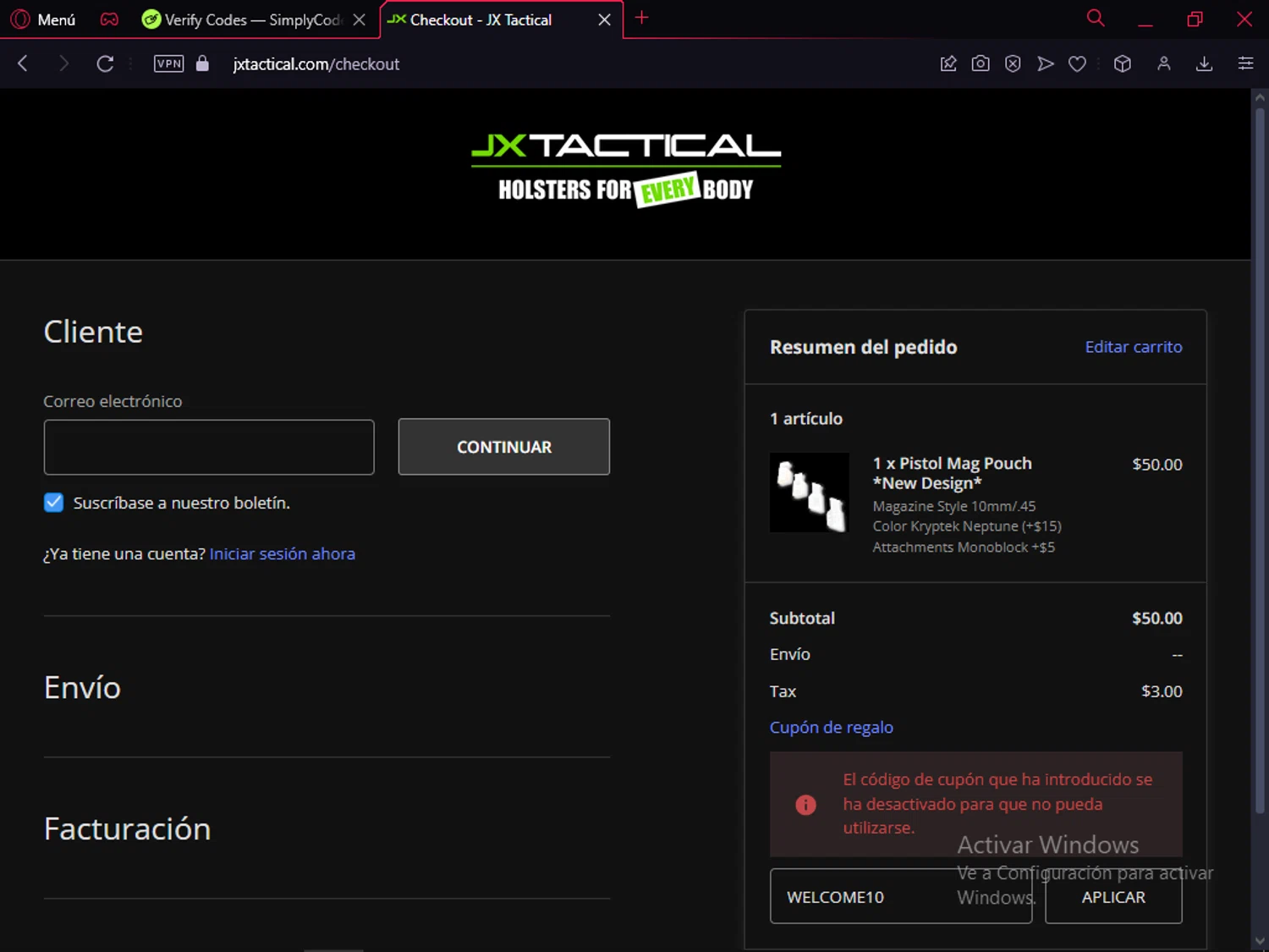 JX Tactical coupon code screenshot showing code WELCOME10 applied at JX Tactical checkout page. Uploaded by SimplyCodes community member LegendaryFox9861 on Jan 27, 2025