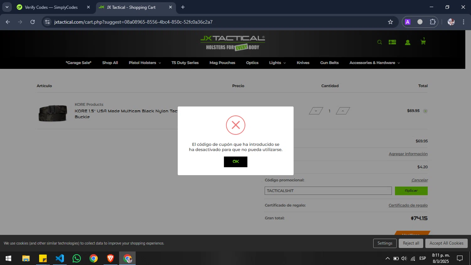 JX Tactical coupon code screenshot showing code TACTICALSHIT applied at JX Tactical checkout page. Uploaded by SimplyCodes community member Pansito on Mar 9, 2025