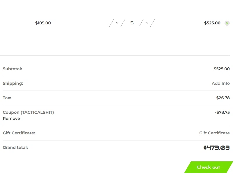 JX Tactical checkout page showing JX Tactical coupon code box | Screenshot taken by SimplyCodes community member on Aug 15, 2023