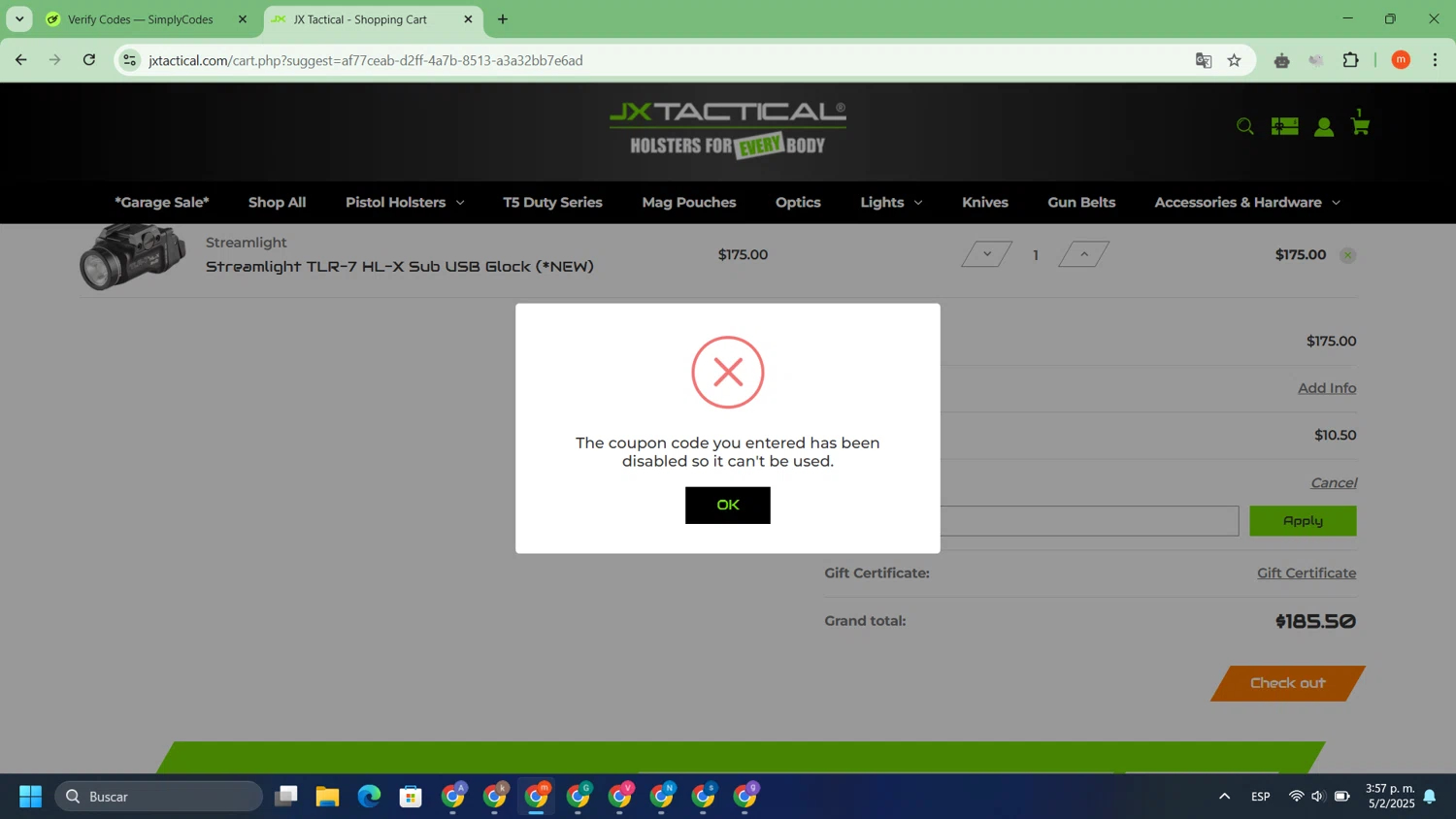 JX Tactical coupon code screenshot showing code TACTICALSHIT applied at JX Tactical checkout page. Uploaded by SimplyCodes community member WonderSaver3331 on Feb 5, 2025