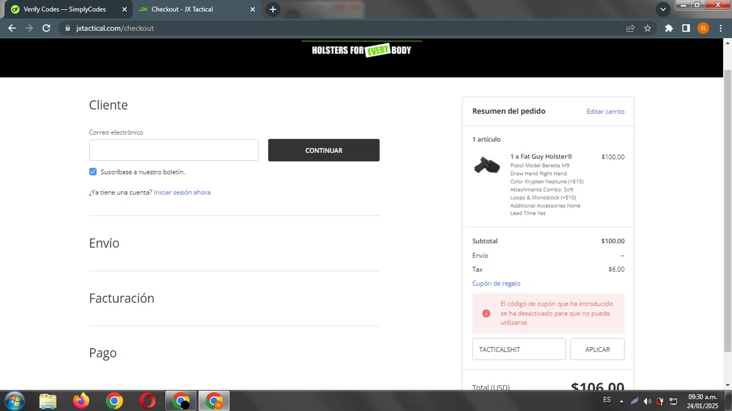 JX Tactical coupon code screenshot showing code TACTICALSHIT applied at JX Tactical checkout page. Uploaded by SimplyCodes community member guanipa on Jan 24, 2025