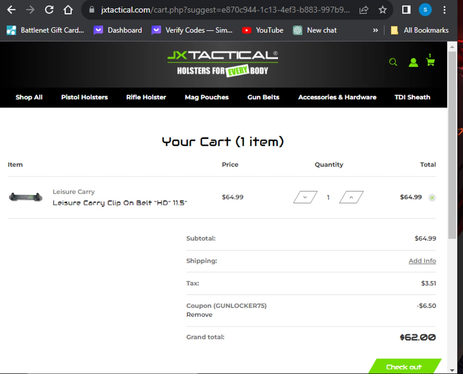 JX Tactical checkout page showing JX Tactical coupon code box | Screenshot taken by SimplyCodes community member on Nov 10, 2023