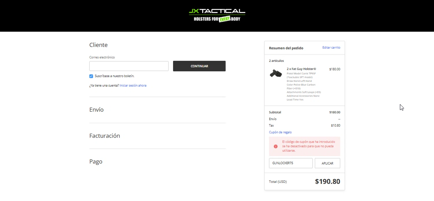 JX Tactical coupon code screenshot showing code GUNLOCKER75 applied at JX Tactical checkout page. Uploaded by SimplyCodes community member Prospecto on Jan 14, 2025