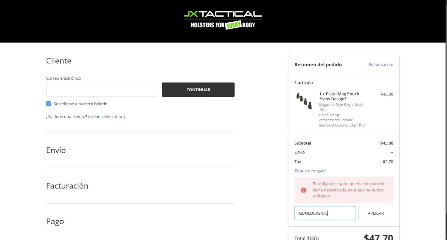 JX Tactical coupon code screenshot showing code GUNLOCKER75 applied at JX Tactical checkout page. Uploaded by SimplyCodes community member mikhaildelmoral on Mar 19, 2025