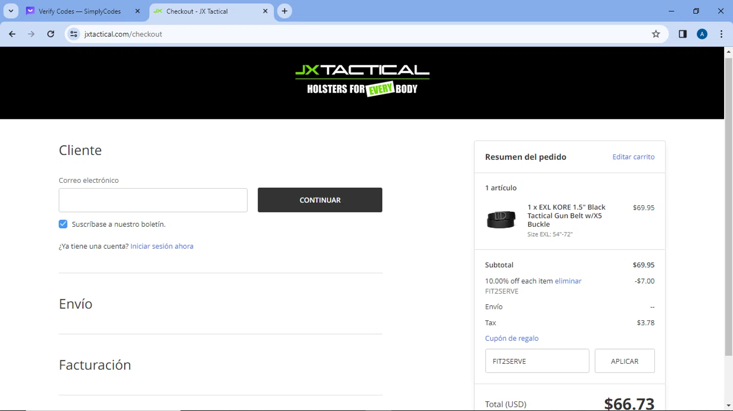 JX Tactical checkout page showing JX Tactical coupon code box | Screenshot taken by SimplyCodes community member on Nov 10, 2023