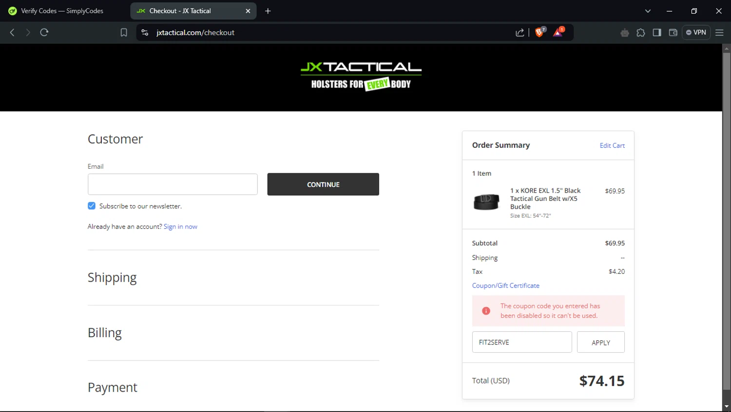 JX Tactical coupon code screenshot showing code FIT2SERVE applied at JX Tactical checkout page. Uploaded by SimplyCodes community member BudgetCollector3125 on Jan 9, 2025