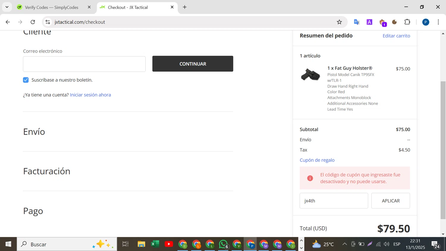 JX Tactical coupon code screenshot showing code jx4th applied at JX Tactical checkout page. Uploaded by SimplyCodes community member BrilliantMaven4588 on Jan 14, 2025
