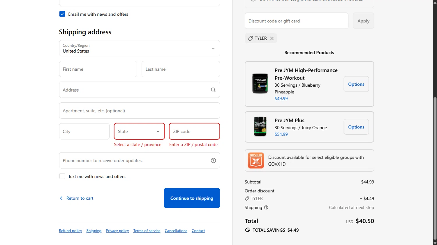 JYM Supplement Science discount code screenshot showing code TYLER applied at JYM Supplement Science checkout page. Uploaded by SimplyCodes community member ______________ on Dec 2, 2025