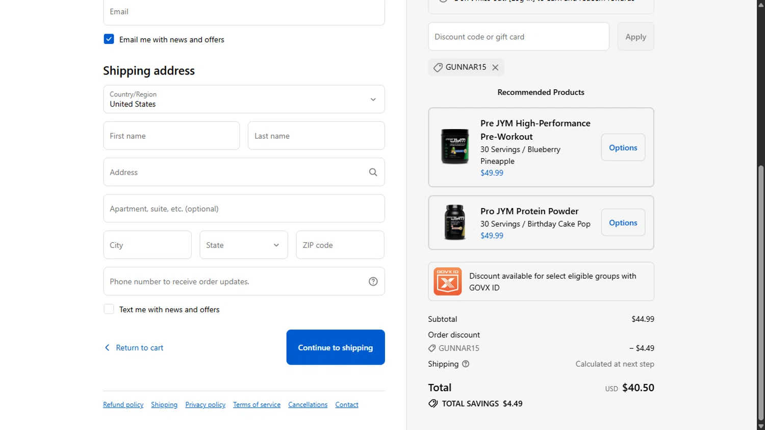 JYM Supplement Science discount code screenshot showing code GUNNAR15 applied at JYM Supplement Science checkout page. Uploaded by SimplyCodes community member ______________ on Dec 2, 2025