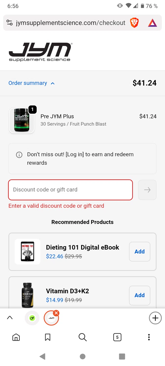JYM Supplement Science discount code screenshot showing code BRIEBENEFIT applied at JYM Supplement Science checkout page. Uploaded by SimplyCodes community member victor on Nov 25, 2025
