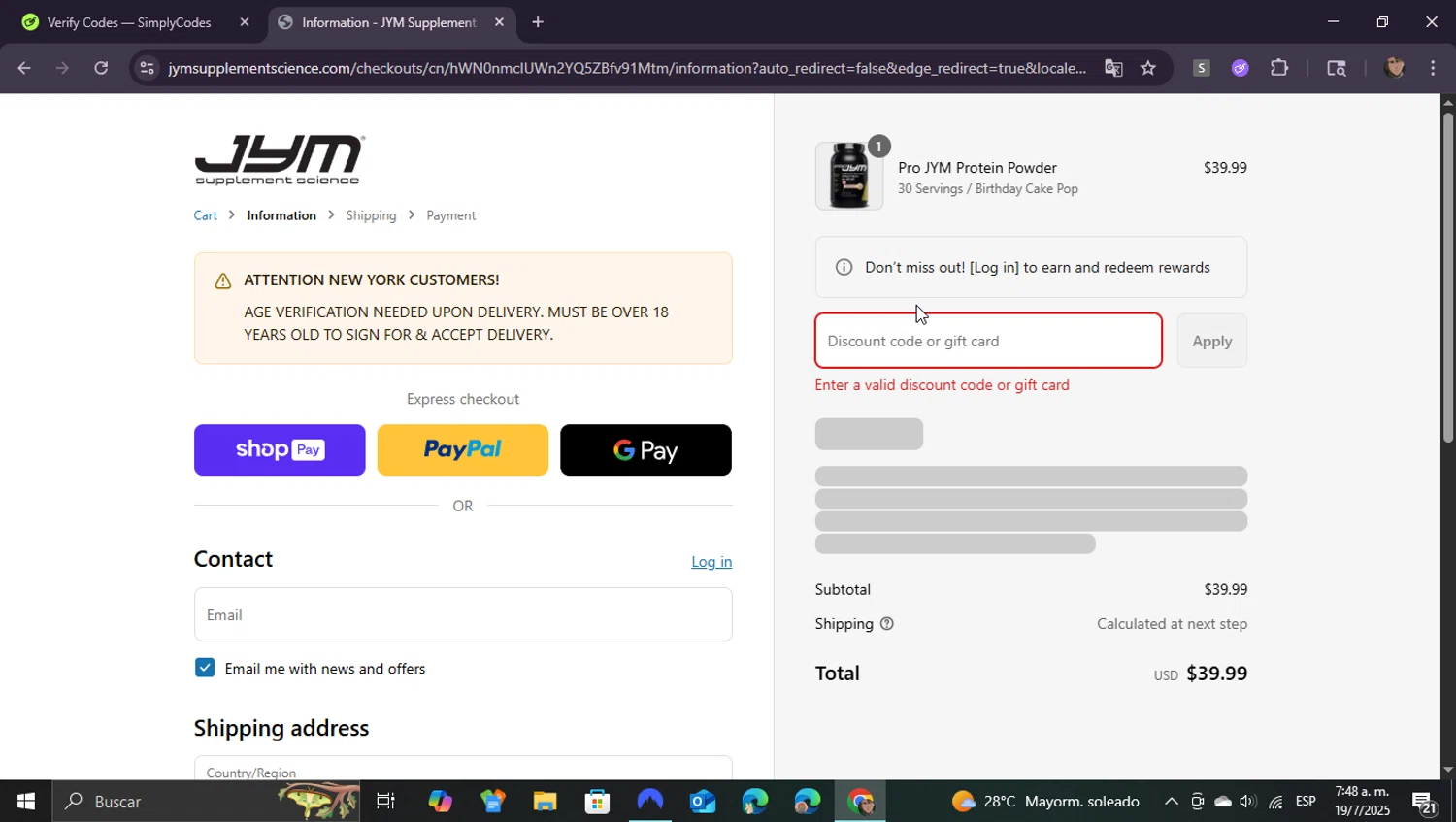 JYM Supplement Science discount code screenshot showing code TYLER applied at JYM Supplement Science checkout page. Uploaded by SimplyCodes community member ShieldEagle9436 on Jul 19, 2025