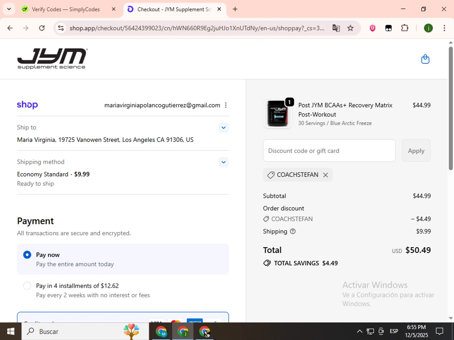 JYM Supplement Science discount code screenshot showing code COACHSTEFAN applied at JYM Supplement Science checkout page. Uploaded by SimplyCodes community member SavingsCollector2592 on Dec 5, 2025