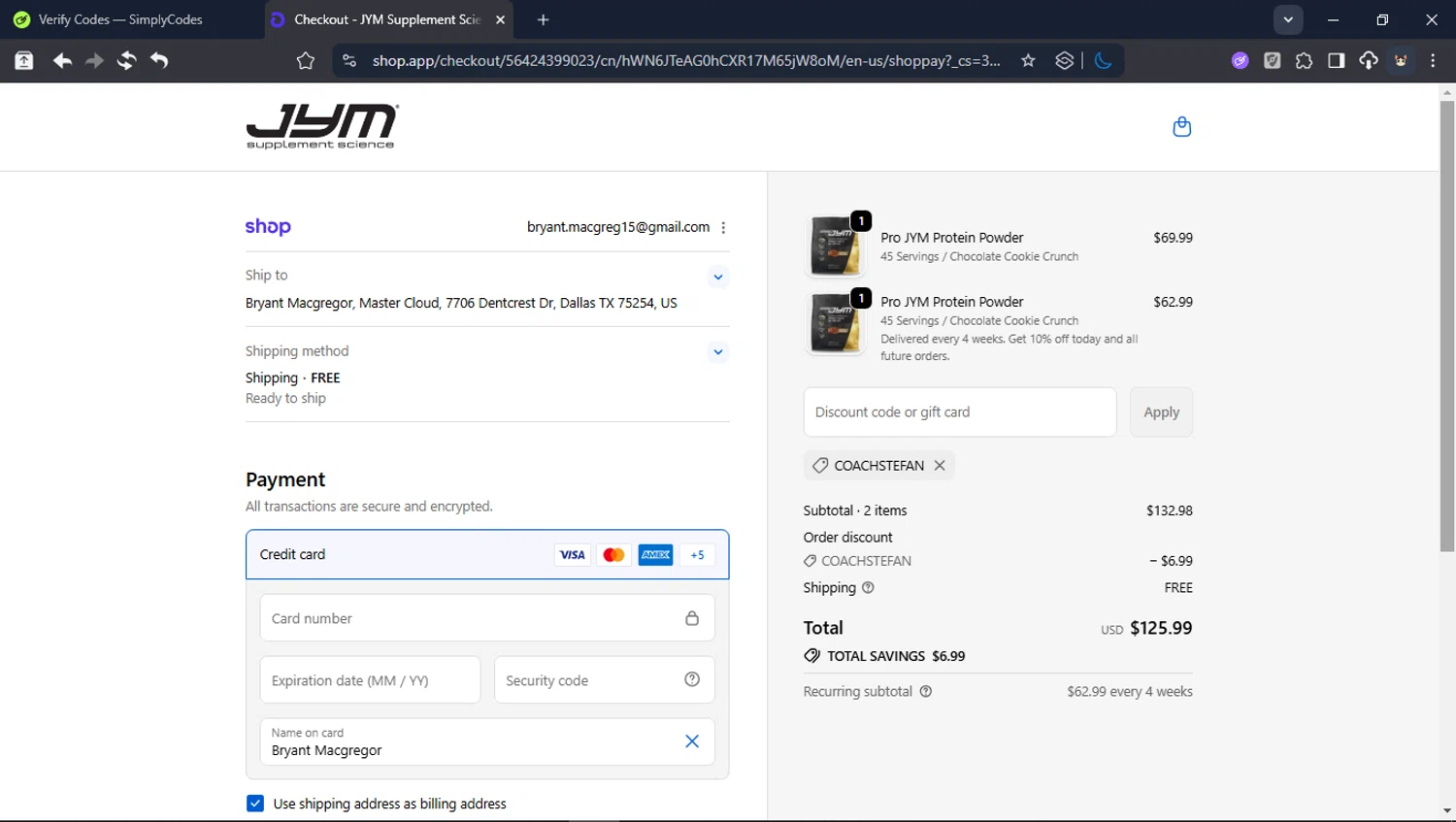 JYM Supplement Science discount code screenshot showing code COACHSTEFAN applied at JYM Supplement Science checkout page. Uploaded by SimplyCodes community member USER_RANDON on Dec 11, 2025