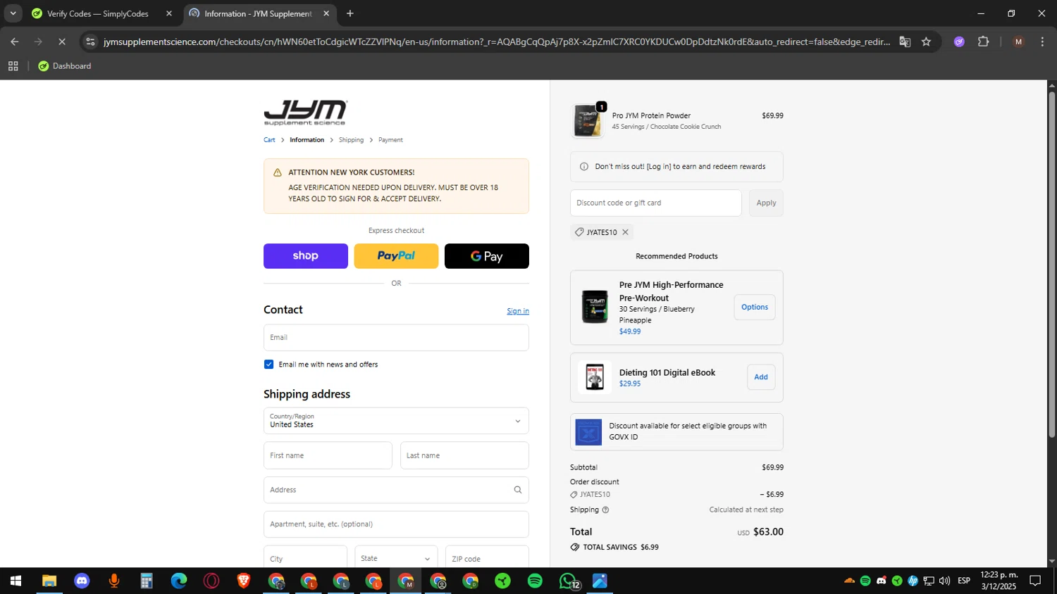 JYM Supplement Science discount code screenshot showing code JYATES10 applied at JYM Supplement Science checkout page. Uploaded by SimplyCodes community member CouponWizard2714 on Dec 3, 2025