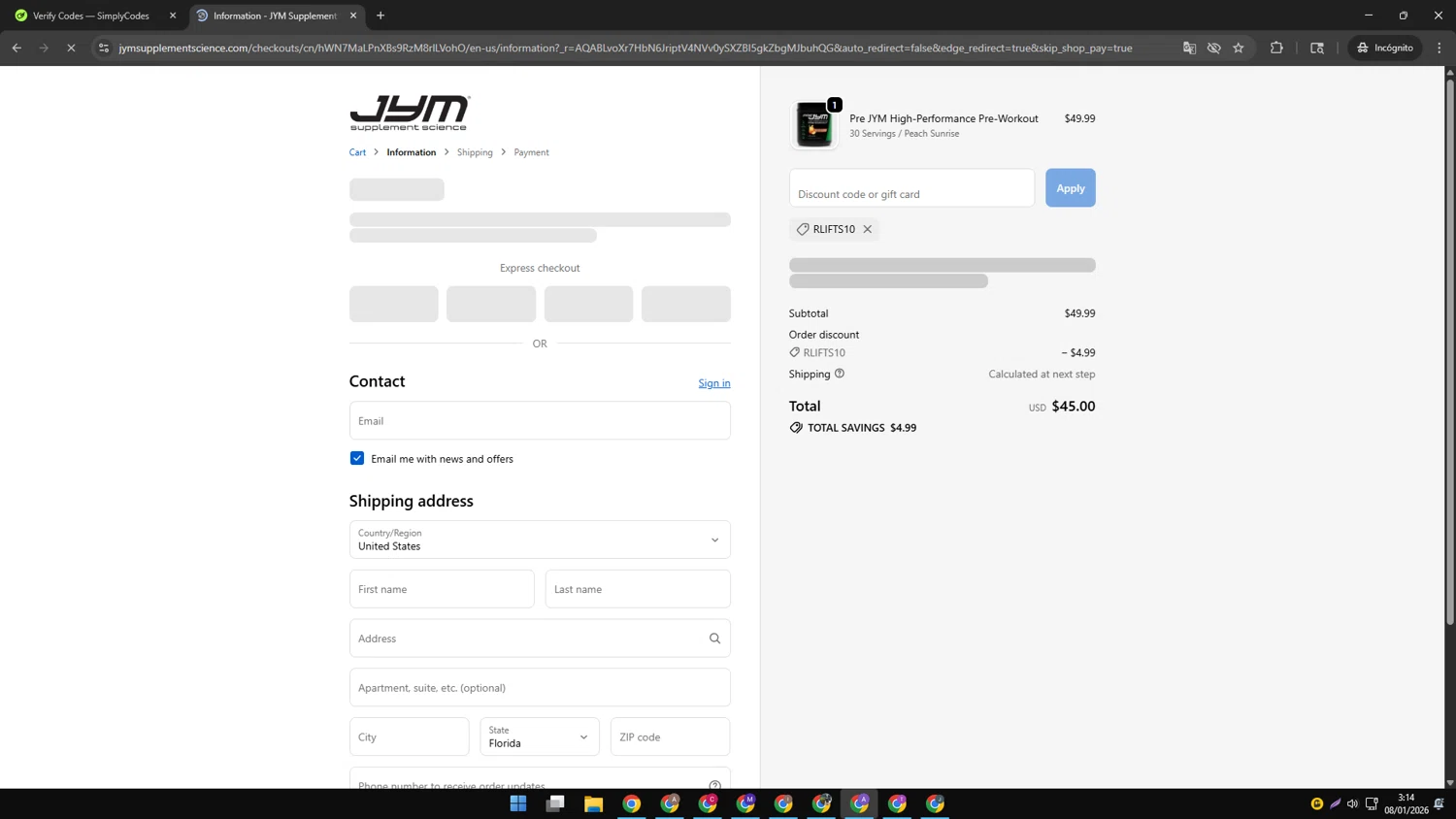 JYM Supplement Science checkout page showing JYM Supplement Science discount code box | Screenshot taken by SimplyCodes community member on Jan 8, 2026