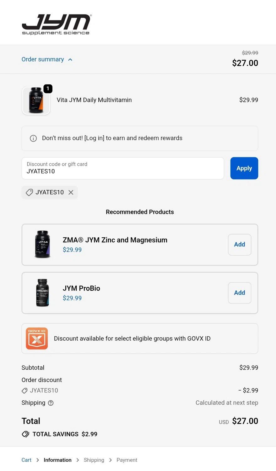 JYM Supplement Science discount code screenshot showing code JYATES10 applied at JYM Supplement Science checkout page. Uploaded by SimplyCodes community member JuanMonge on Dec 3, 2025