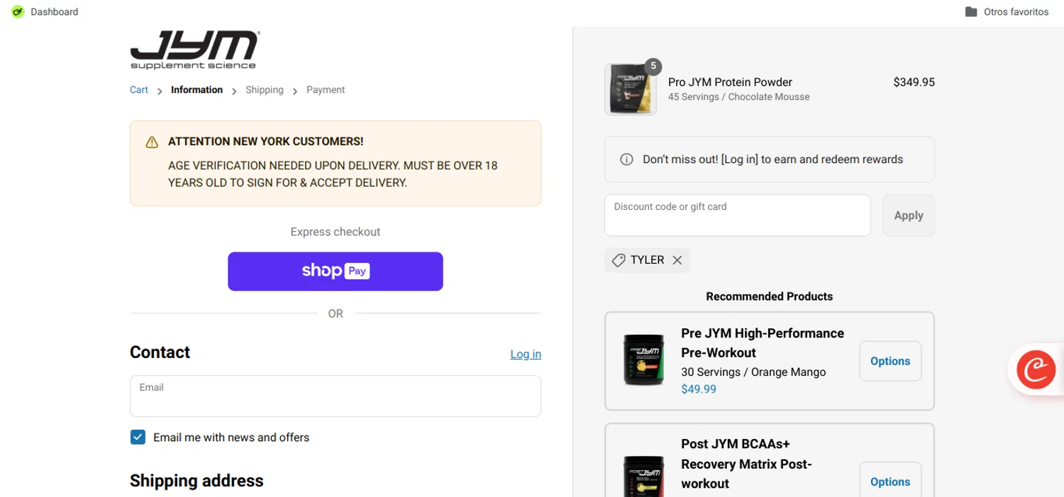 JYM Supplement Science discount code screenshot showing code TYLER applied at JYM Supplement Science checkout page. Uploaded by SimplyCodes community member Speedy on Jul 8, 2025