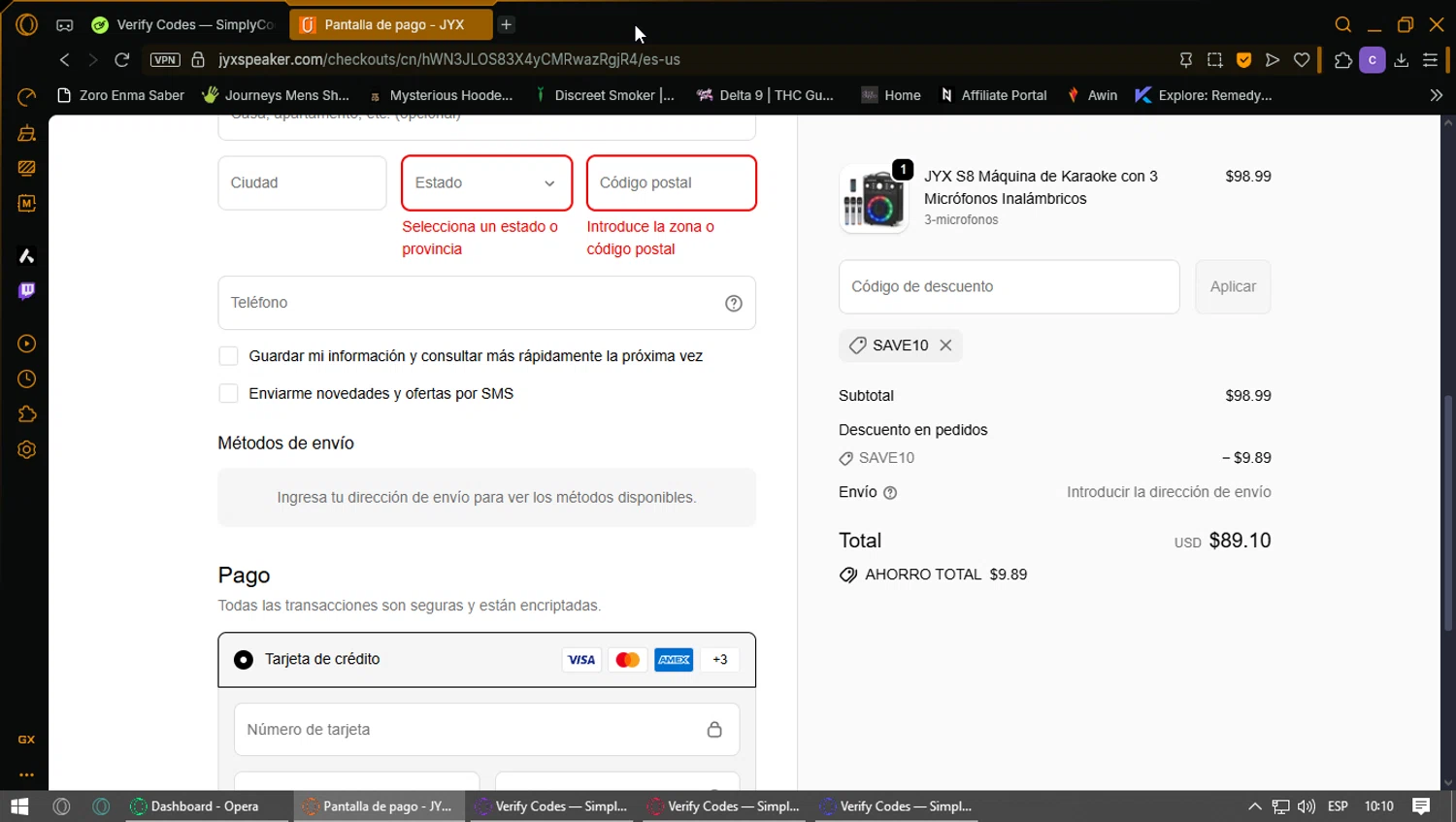 JYX discount code screenshot showing code SAVE10 applied at JYX checkout page. Uploaded by SimplyCodes community member ExtraordinaryPhoenix3689 on Sep 23, 2025