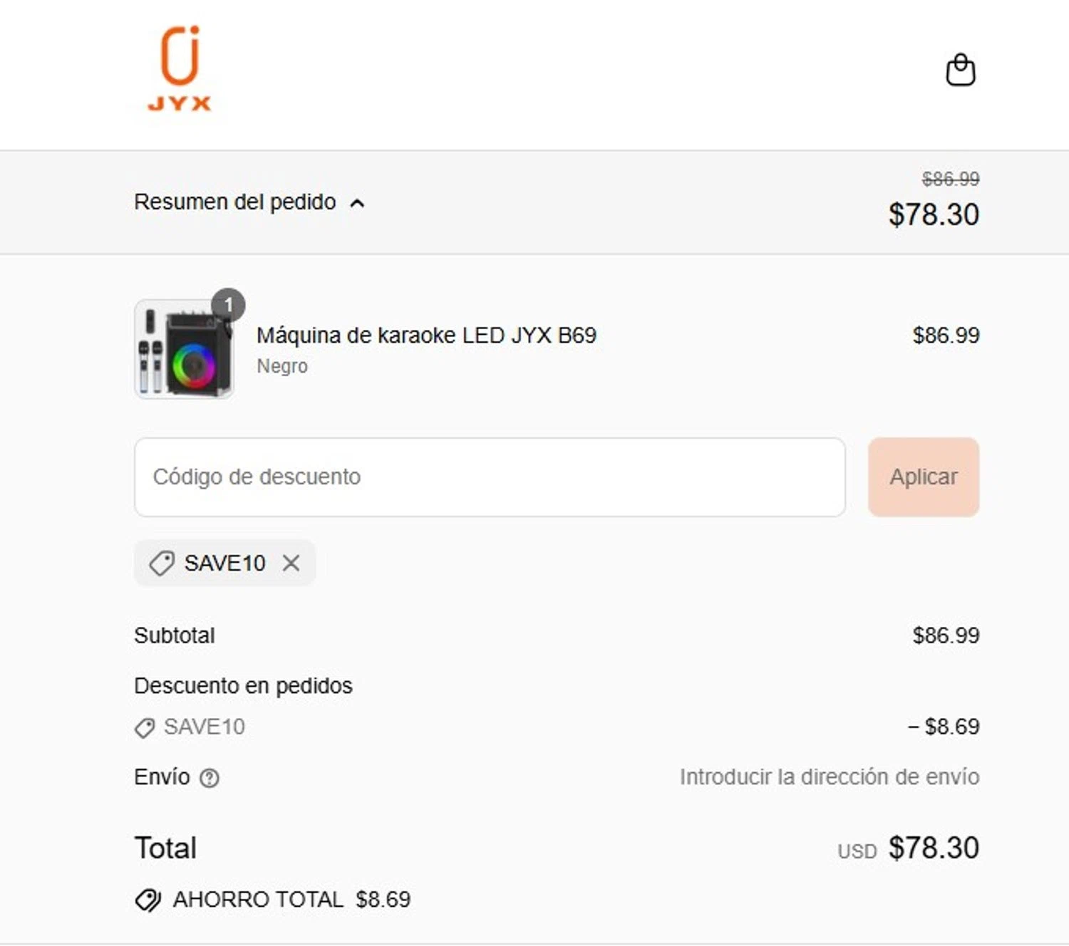 JYX discount code screenshot showing code SAVE10 applied at JYX checkout page. Uploaded by SimplyCodes community member MagnificentCollector7829 on Sep 2, 2025