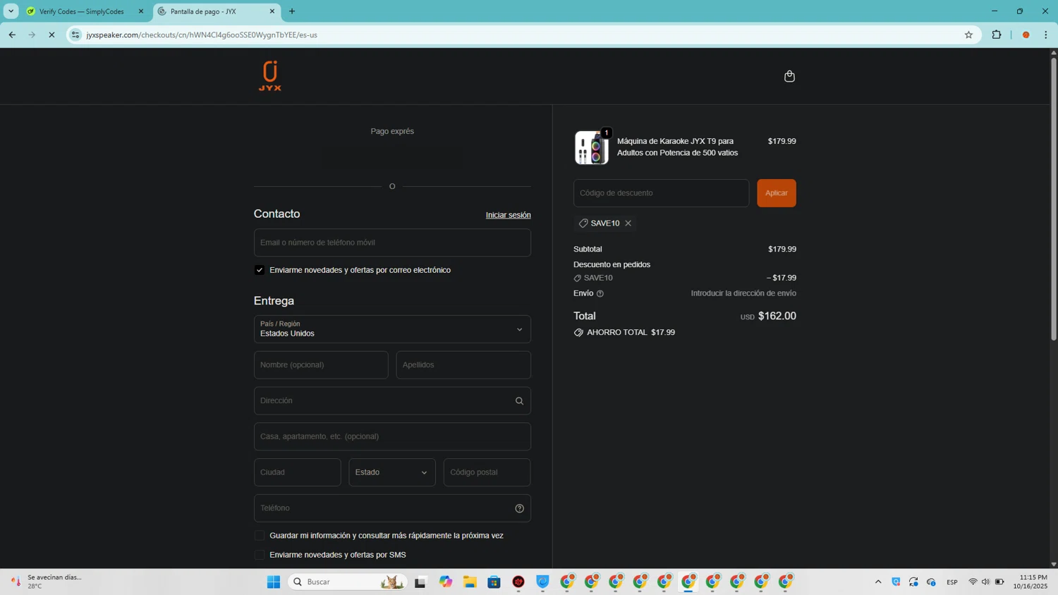 JYX discount code screenshot showing code SAVE10 applied at JYX checkout page. Uploaded by SimplyCodes community member SavingsRanger5017 on Oct 17, 2025
