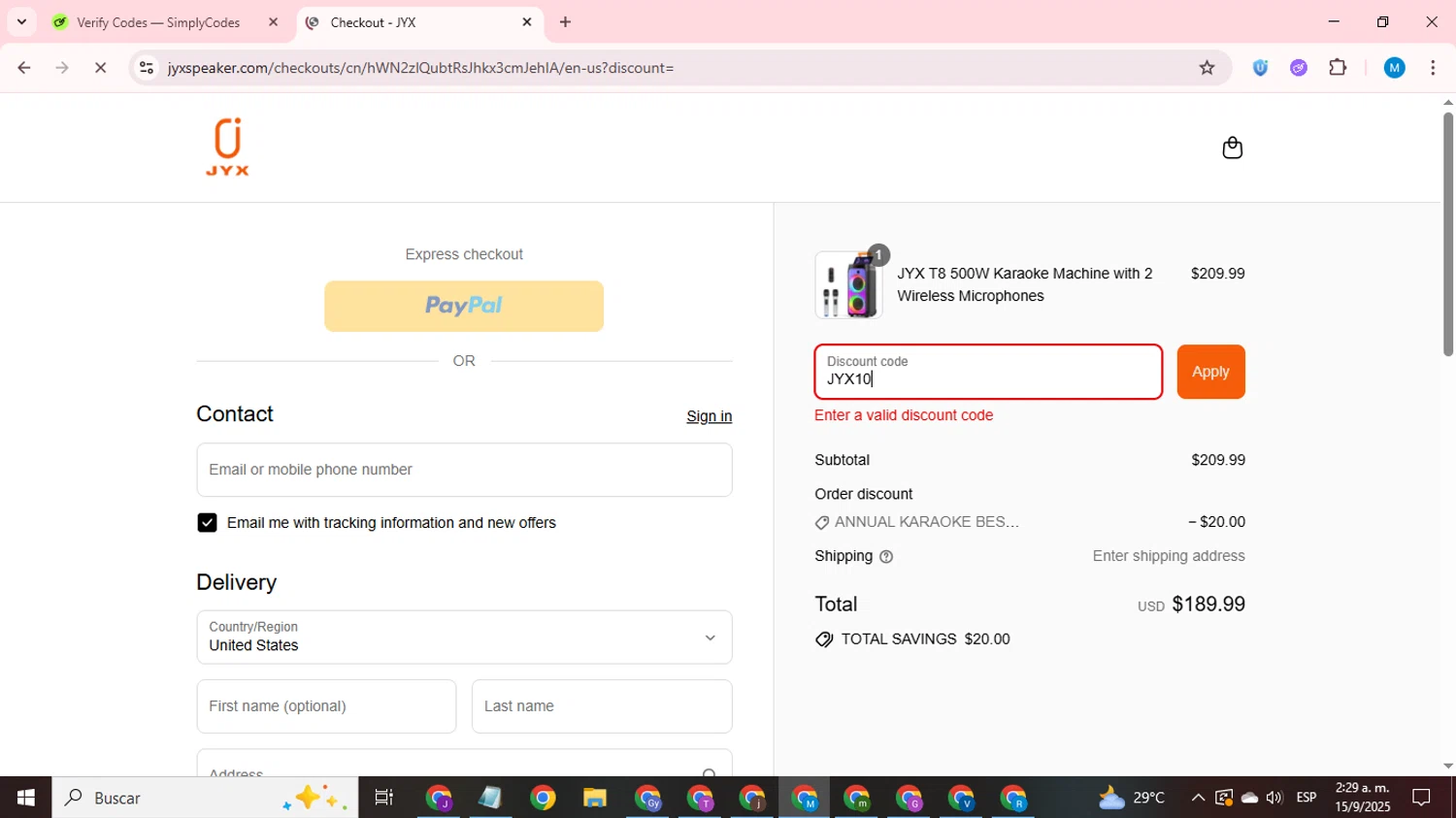 JYX discount code screenshot showing code JYX10 applied at JYX checkout page. Uploaded by SimplyCodes community member LegendaryCurator1585 on Sep 15, 2025