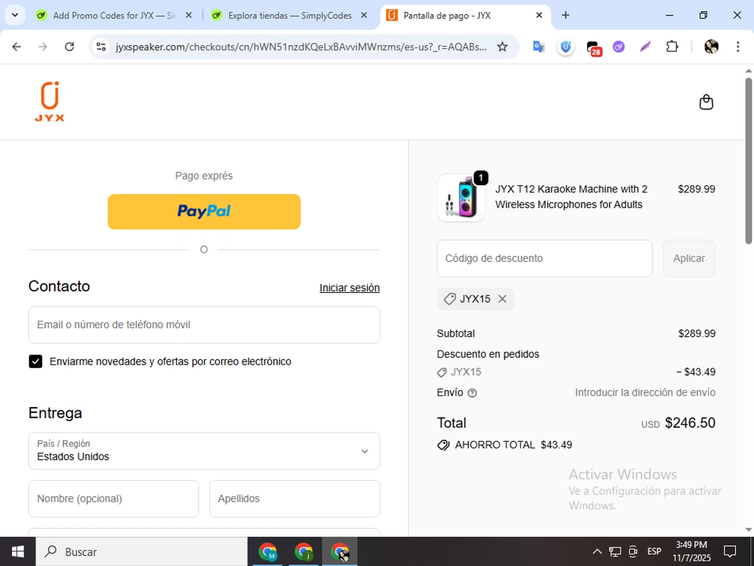 JYX discount code screenshot showing code JYX15 applied at JYX checkout page. Uploaded by SimplyCodes community member mariapolancog on Nov 7, 2025