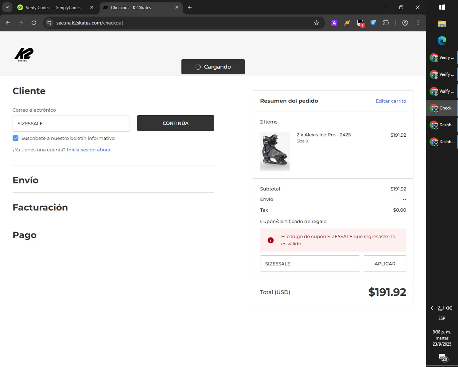 K2 Skate promo code screenshot showing code SIZE5SALE applied at K2 Skate checkout page. Uploaded by SimplyCodes community member SmartMaverick5327 on Sep 23, 2025