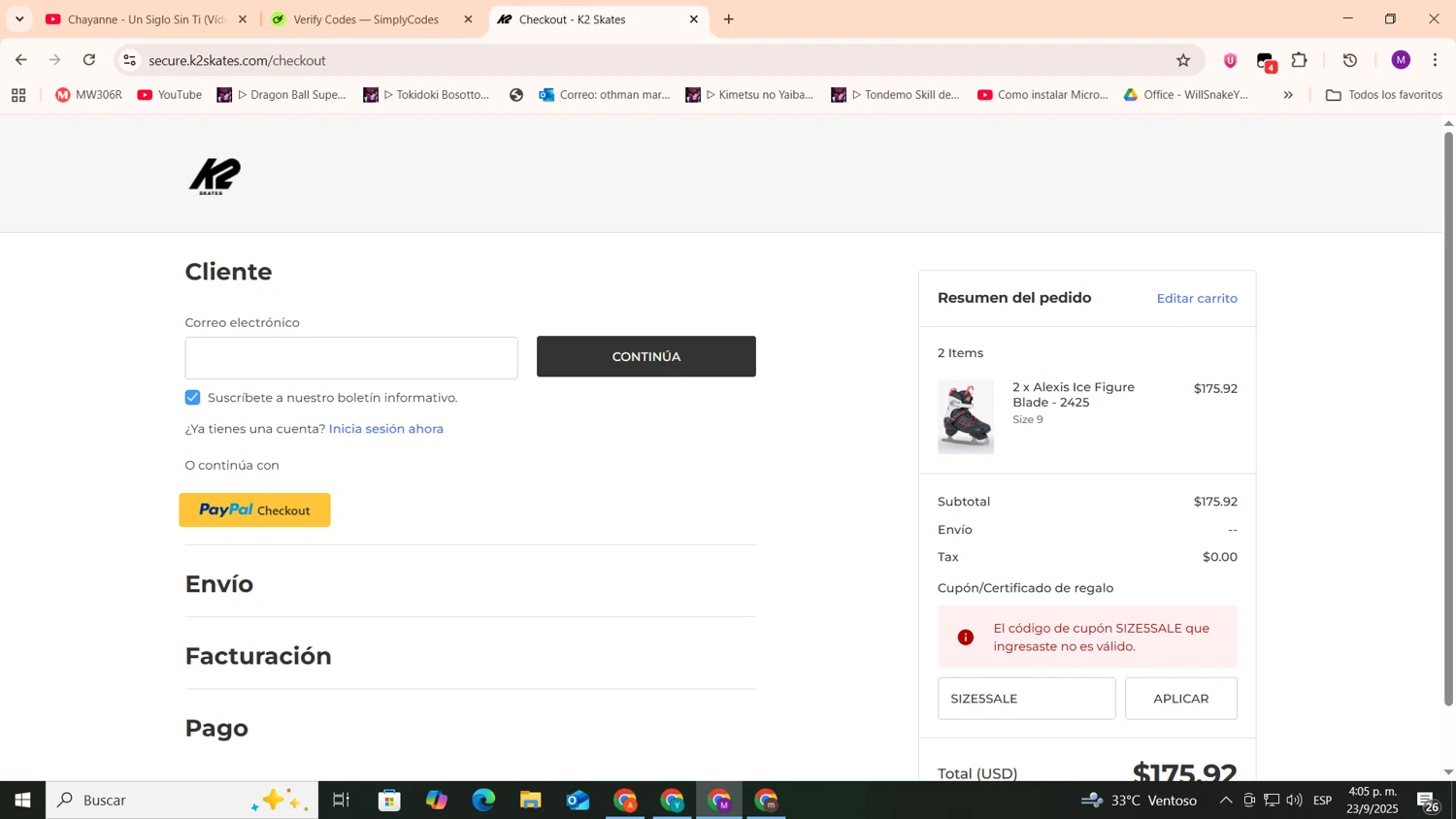 K2 Skate promo code screenshot showing code SIZE5SALE applied at K2 Skate checkout page. Uploaded by SimplyCodes community member cod_gakpo on Sep 23, 2025