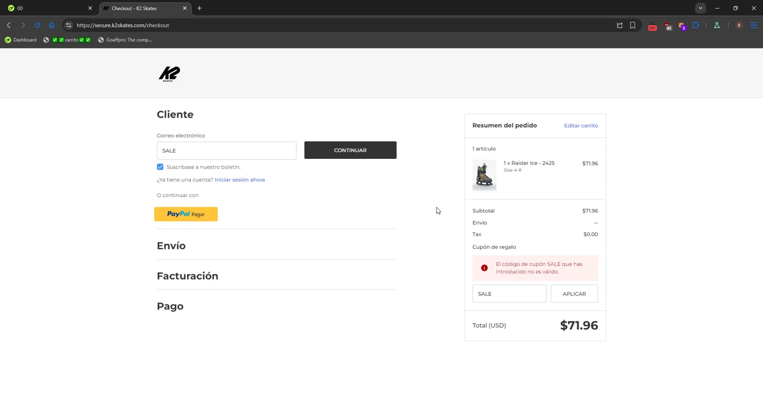 K2 Skate promo code screenshot showing code SALE applied at K2 Skate checkout page. Uploaded by SimplyCodes community member FrugalShopper1585 on Sep 22, 2025