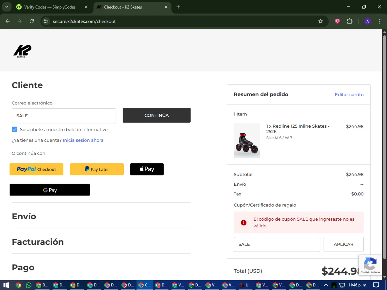 K2 Skate promo code screenshot showing code SALE applied at K2 Skate checkout page. Uploaded by SimplyCodes community member MagnificentWarden4603 on Sep 21, 2025