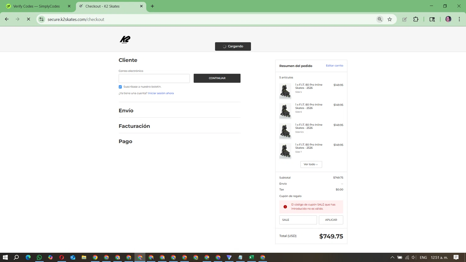 K2 Skate promo code screenshot showing code SALE applied at K2 Skate checkout page. Uploaded by SimplyCodes community member Mari_perez on Sep 21, 2025