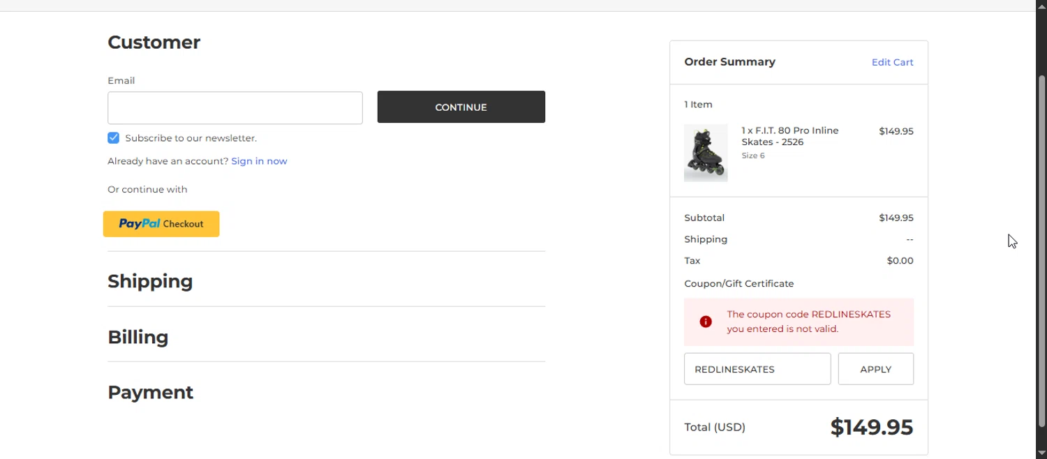 K2 Skate promo code screenshot showing code REDLINESKATES applied at K2 Skate checkout page. Uploaded by SimplyCodes community member Enmanuel99 on Sep 21, 2025
