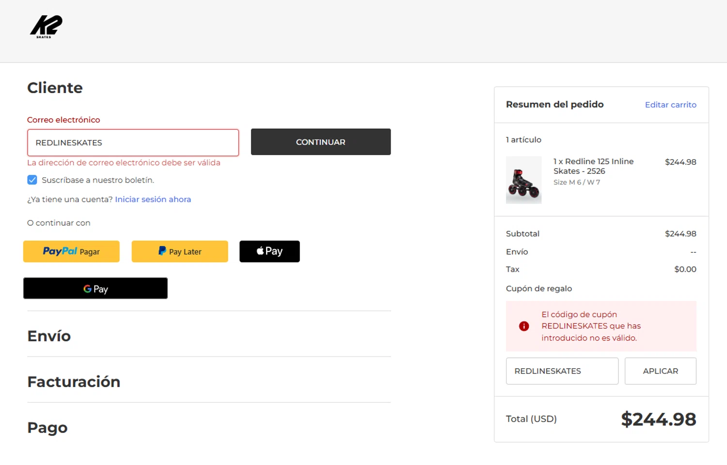 K2 Skate promo code screenshot showing code REDLINESKATES applied at K2 Skate checkout page. Uploaded by SimplyCodes community member MateoRioja on Sep 21, 2025