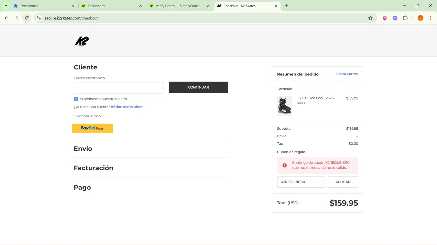 K2 Skate promo code screenshot showing code K2REDLINE110 applied at K2 Skate checkout page. Uploaded by SimplyCodes community member ExtraordinarySaver9637 on Feb 8, 2026