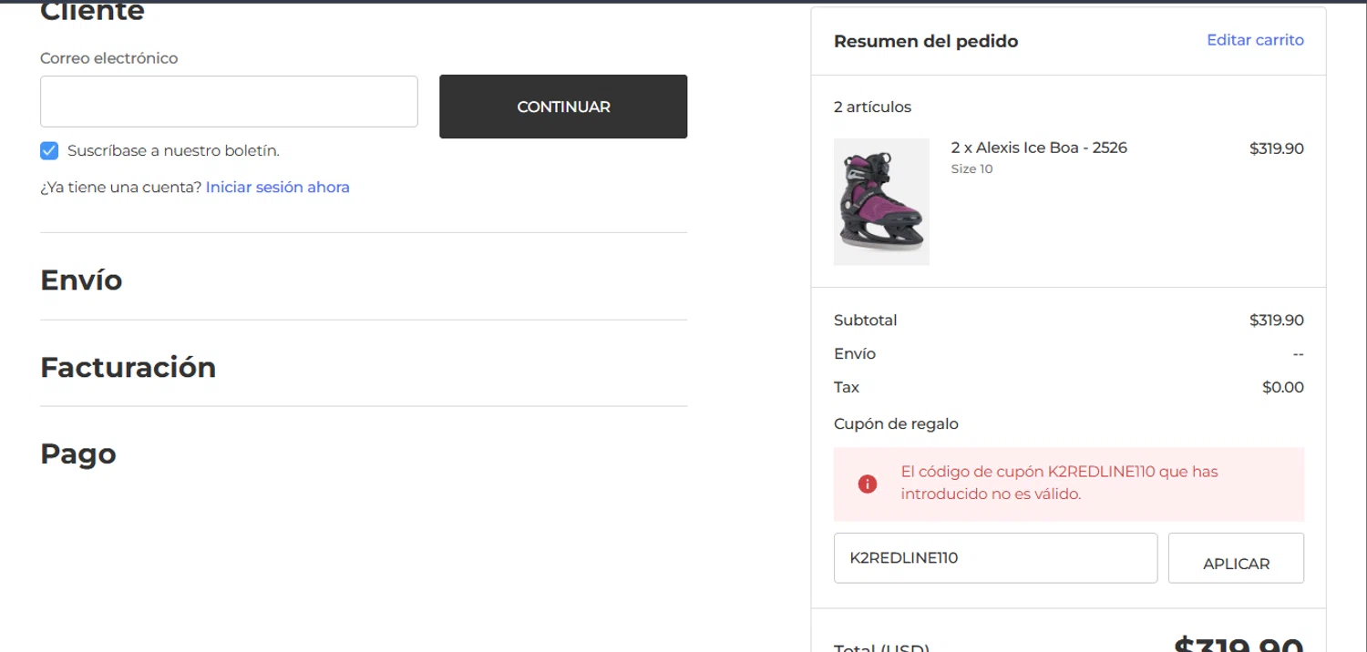 K2 Skate promo code screenshot showing code K2REDLINE110 applied at K2 Skate checkout page. Uploaded by SimplyCodes community member PennySage5996 on Feb 7, 2026