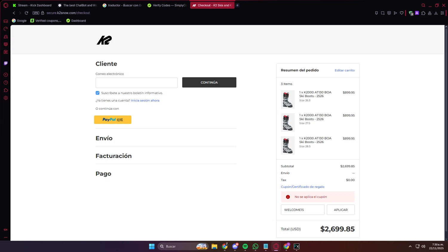K2 Snow coupon code screenshot showing code WELCOME15 applied at K2 Snow checkout page. Uploaded by SimplyCodes community member PrimeVirtuoso9679 on Nov 22, 2025