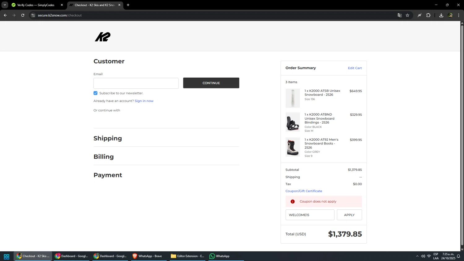 K2 Snow coupon code screenshot showing code WELCOME15 applied at K2 Snow checkout page. Uploaded by SimplyCodes community member yonaiker on Oct 24, 2025