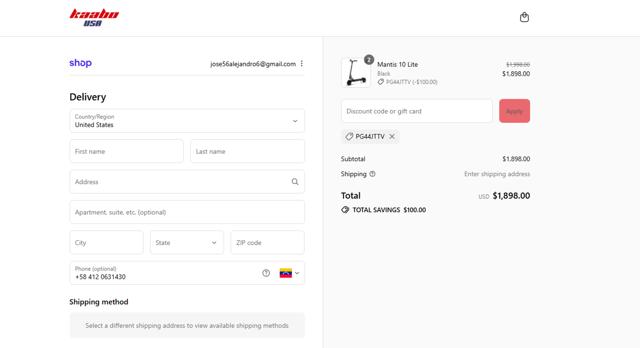 Kaabo USA checkout page showing Kaabo USA discount code box | Screenshot taken by SimplyCodes community member on Sep 6, 2025