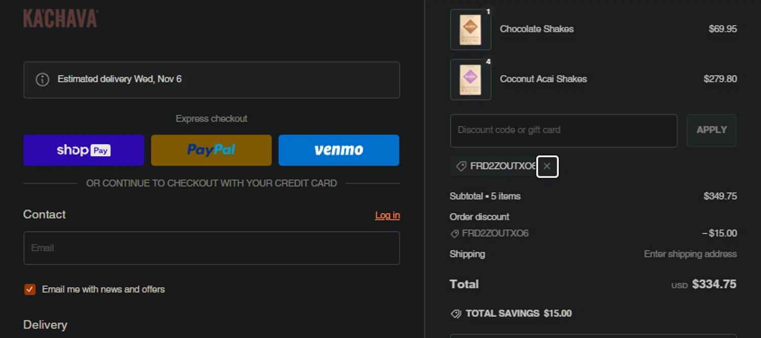 where to use Ka'Chava promo code box