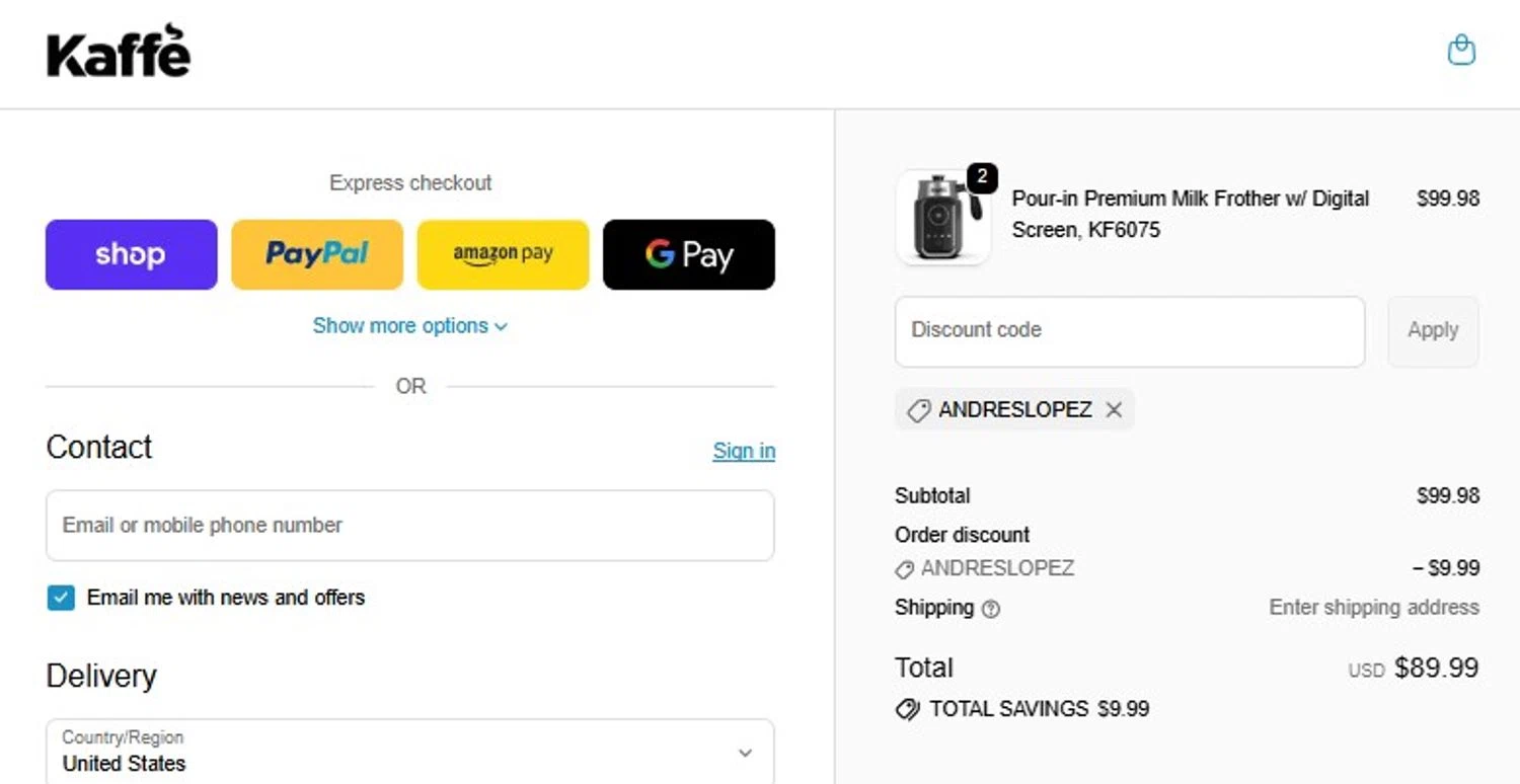 Kaffe Products promo code screenshot showing code ANDRESLOPEZ applied at Kaffe Products checkout page. Uploaded by SimplyCodes community member mandrakke on Jun 12, 2026